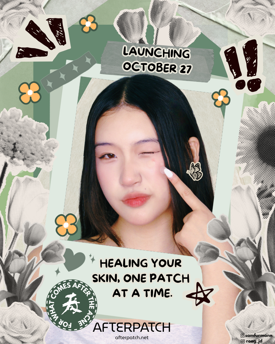 Promotional graphic for Afterpatch with a person pointing to their face, surrounded by floral and leaf designs.